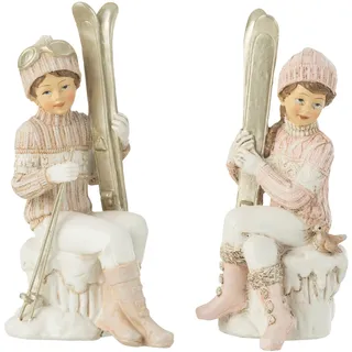 4er-Set Handbemalte Weihnachtsfiguren, Sitzende Mädchen und Jungen auf Skiern, Weiß/Rosa - Bunt