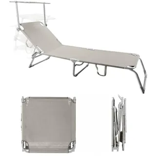 Avilia Faltbare Strandliege mit Sonnendach, verstellbare Sonnenliege, Gestell aus Aluminium und Bezug aus Textilene, ideal für Strand, Pool und Garten, 196 x 58 x 25 cm, Beige