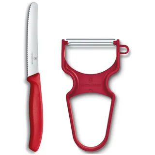 Victorinox Swiss Classic Gemüsemesser-Set, 2-teilig, Inkl. Tomatenmesser Wellenschliff und Sparschäler, Scharfe Klinge, Spülmaschinengeeignet, rot