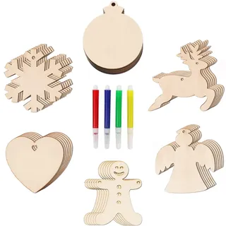 Winwild 36 Stück Weihnachtskugeln Holzanhänger mit Juteseil & Marker,DIY Weihnachten Deko Holz zum Bemalen,6 Weihnachtsmuster Holz Ornament Kit