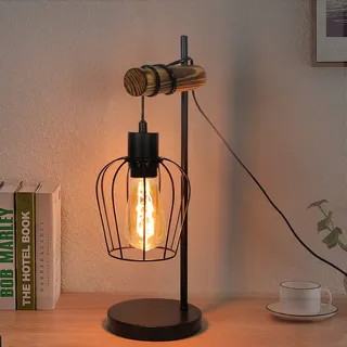 ZMH Tischlampe Vintage Tischleuchte Wohnzimmer Holz: E27 Nachttischlampe Schlafzimmer im Industrial Design aus Metall Schwarz Bettlampe mit 180cm Kabel Dekorativ für Cafe Hotel - ohne Leuchtmittel