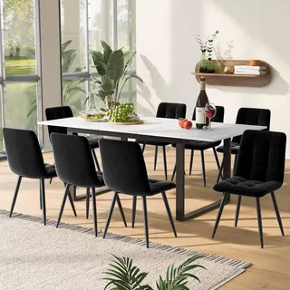 Teleskop-Esstisch 140/180×80×75 cm – Weiße MDF-Platte (Marmoroptik), Beine aus Eisen/Vierkantrohr, für Zuhause/Büro - Weiß