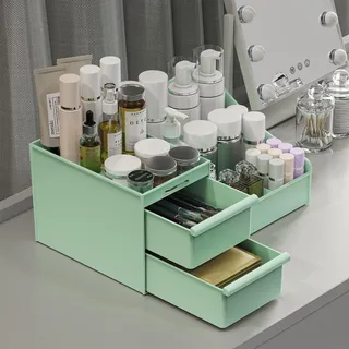 DancesCat Make Up Kosmetik Organizer mit Schubladen, Makeup Organizer Aufbewahrung Kosmetikbox für Waschtische, Schminktisch Organizer Box für Schlafzimmer, Badezimmer, Große Schmink Organizer (Grün)