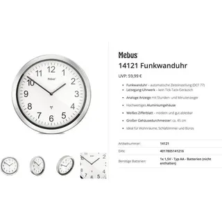MEBUS Funk-Wanduhr 45,0 cm 14121 grau/silber/weiß