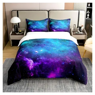 Bettbezug aus 100% Baumwolle in Teal Blau Lila mit Sternenhimmel, Bettwäsche Set 155x220 für Jungen und Mädchen, Kosmische Sterne mit 1 Kissenbezug - Blau, Lila