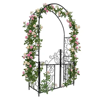 Relaxdays Rosenbogen mit Tor, Ranken Ornamente, Vorgarten & Garten, Torbogen HxBxT: 230 x 130 x 38 cm, Metall, schwarz