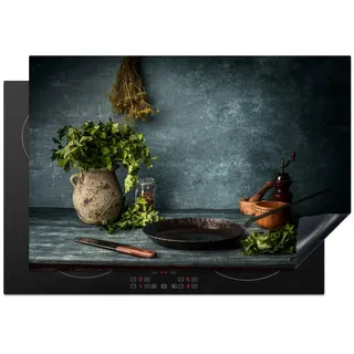 MuchoWow Herdabdeckplatte Kräuter - Gewürze - Pfanne - Messer - Grau - Rustikal 77x51 cm , Petrol , Kunststoff , Rechteckig , 77x51x0.2 cm , Made in Europe , Küchen, Küchenelektrogeräte, Herde, Herdabdeckplatten