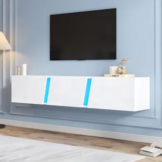 Ball & Cast TV Lowboard Hängend mit 5 Staufächern, Sideboard Wohnzimmer TV mit integrierter Beleuchtung, 180x35x30 cm, Weiß