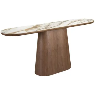 Angel Cerda Konsolentisch Ovaler halbrunder Konsolentisch aus Porzellanmarmor und Nussbaum Ø180/45/78 cm , Hellbraun , Holz , Echtholz,Nussbaum , Marmor Optik , nicht einzeln stellbar,Oval,Oval , 180x78x45 cm , Wohnzimmer, Wohnzimmertische, Konsolentische