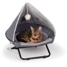 K&H PET PRODUCTS Cozy Cot erhöhtes Haustierbett mit Kapuze, für Katzen, tragbarer runder Papasan-Stuhl für Katzen, maschinenwaschbar, grau, klein, 48,3 cm