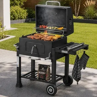 Holzkohlegrill XL BBQ Grillwagen Verstellbarer Standgrill mit Deckel Quadratischer Barbecue Gartengrill aus Eisen - Garten Camping Terrasse - Grillrost und Thermometer Holzkohle Grill - Schwarz