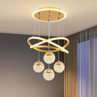 JDONG LED Pendelleuchte Gold Kristall Hängelampe Esstisch Dimmbar 4-flammig | 54W Hängeleuchte Gold Höhenverstellbar für Esszimmer Wohnzimmer,Dimmbar Hängeleuchte mit Fernbedienung,4 Kugeln Arcyl