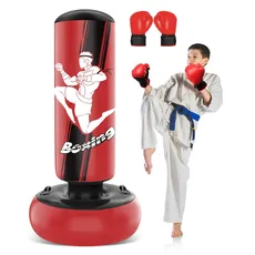 NZQXJXZ Boxsack Stehend 165cm Aufblasbarer Boxsack Kinder mit Boxhandschuhen zum Üben von MMA Karate Taekwondo und zum Abbau von aufgestauter Energie (rot)