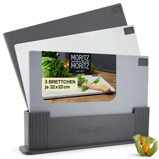 Moritz & Moritz 3x Schneidebrett Kunststoff Set - 32 x 22 cm - Im praktischen Ständer – Küchenbrett Groß – Spülmaschinengeeignet und hygienisch