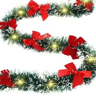 Weihnachtsgirlande mit Beleuchtung 2M, Girlande Weihnachten mit Schleifen, Künstlicher Tannengirlande als Weihnachtsdeko Innen und Außen für Treppen, Balkone, Türen