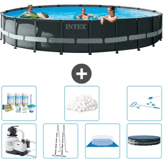 Intex Round Ultra XTR Frame Swimming Pool – 610 x 122 cm – inklusive Pumpe – Leiter – Bodenplane – Abdeckung Wartungspaket - Filterbälle - Reinigungskit