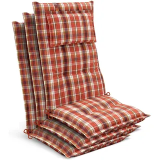 Beautissu 3x Gartenstuhlauflage Hochlehner 120x50x7cm Orange-Rot-Grün-Kariert