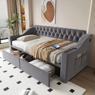 LVHOM Schlafsofa mit Lattenrost 90x190cm, Samt Tagesbett mit Stauraum&USB, Polsterbett Daybett mit Schubladen & Armlehnen-Fächern, Grau - Grau