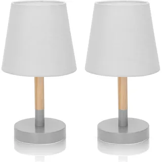 Aigostar Nachttischlampe 2er Set Holz, Moderne Tischlampe mit Stoffschirm und Metallfuß, E14 Fassung, Tischleuchte für Schlafzimmer, Wohnzimmer, Arbeitszimmer – Grau