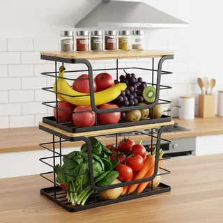 Cyiecw 2PCS Stapelbare Aufbewahrungskörbe aus Metall, Obstkörbe Hängend mit Holzdeckel, Schrank Organizer Küche Arbeitsplatte, Küchenregal Ohne Bohren für Badezimmer, Speisekammer (Klein+Groß)