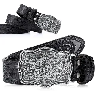 Xuniea Cowboy Western Ledergürtel für Herren Vintage Geprägt Gürtel mit Blumen Graviert Schnalle, 3,8 cm Breit (Schwarz, 110 cm)