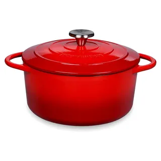 Bratentopf aus Gusseisen mit Deckel, rot/schwarz innen, 22 cm, Schmortopf, Dutch Oven, Brotbackform, emailliert, für alle Herdarten (einschließlich Induktion), zum Schmoren, Backen, Braten - Rot, Schwarz