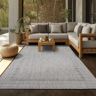 SIMPEX Outdoor Teppich Wetterfest 280x370 cm Silber Bordüre Design Flachgewebe Waschbar XXL Extra Groß für Wohnzimmer Esszimmer Terrasse Garten