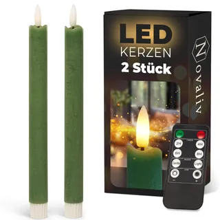 Novaliv Stabkerzen LED mit Timer Grün 2er Indoor mit 6 Stunden Timer - ECHTWACHS 23cm Höhe für Kerzen 2,2cm Durchmesser 2 AAA Batterien notwendig LED Stabkerzen flackernde Flamme bewegliche Flamme