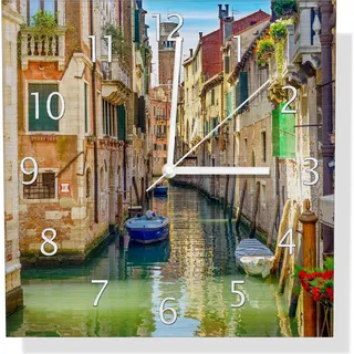 Wallario Design Wanduhr Urlaub in Venedig Kanal zwischen bunten Häusern aus Aluverbund, Größe 30 x 30 cm - Braun
