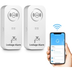 WiFi Wassermelder Wasseralarm(2,4 G WiFi), 90 dB Wassersensor Alarm und App Alarm, kabelloser Wasseralarm, für Rohre, Schlafzimmer, Küche, Badezimmer, Keller (2er-Pack)