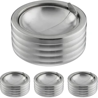 Relaxdays Windaschenbecher, 4er Set, Klappdeckel, draußen & drinnen, Edelstahl, runder Ascher, HxD: 7 x 11,5 cm, Silber