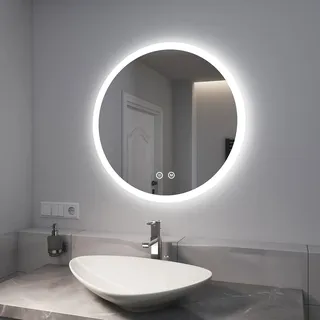 EMKE LED Badspiegel 70cm Badspiegel mit Beleuchtung 3 Lichtfarbe Lichtspiegel Badezimmerspiegel rund Wandspiegel mit Touchschalter IP44 Energiesparend Einstellbar Lichtspiegel - Silber