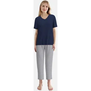 Pyjama TOM TAILOR, Damen, Gr. 40, blau (blau, dunkel, allover), Single Jersey, Obermaterial: 95% Baumwolle, 5% Elasthan, bequem, V-Ausschnitt, gerader Abschluss, Homewear-Sets Pyjama, Kurzarm, mit Muster, V-Ausschnitt, Baumwollmix