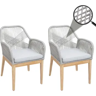 2er-Set Gartenstuhl HWC-H56b, Sessel Outdoor, wetterfest Seilgeflecht Rope Holz Akazie  hellgrau Kissen hellgrau - Grau