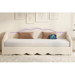 Tagesbett 90x200 cm ausziehbar auf 180 cm – Daybett in Beige Samt, mit LED & USB-Anschluss, Schlafsofa für Gästezimmer & Wohnzimmer - Beige