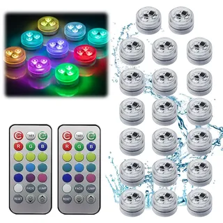 Afenau Mini Unterwasser Licht, 20 Stück LED Teelichter Bunt mit 2 Fernbedienung, 13 Farben RGB Mini Unterwasser Led Licht für Vase Base Aquarium Pool Teich Garten Halloween Party