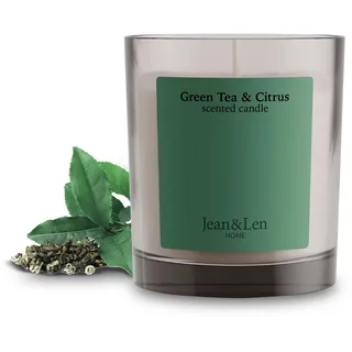 Jean & Len Scented Candle Green Tea & Citrus, hergestellt mit Sheabutter, Brenndauer ca. 40 Stunden, minimalistisches Design, frischer Duft, vegan, 195 g