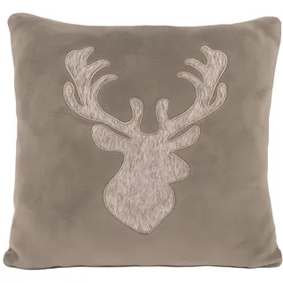 heimtexland Dekokissen Hirsch Landhaus Soft Flanell Kissen gefüllt Fell-Imitat Hirschkopf Chalet Hüttenstil Kuschelkissen 45x45 Geschenkidee Weihnachten Typ903 Taupe