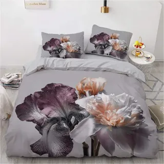 Luowei Bettwäsche 200x200cm Grau Blumen Floral Aesthetic Bettwäsche-Set für Doppelbett Weiche Microfaser Vintage Blumenmuster Bettbezug und 2 Kopfkissenbezüge 80 x 80cm