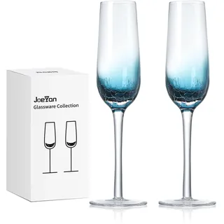 Joeyan 2er Set Champagner Gläser mit Stiel, 200ml Blau Crackle Sektgläser | Handgefertigte Sektflöten Glaswaren, Bunt Prosecco Kelch, Kunstdekoration für die Hausbar, Geschenke zum Hochzeitstag