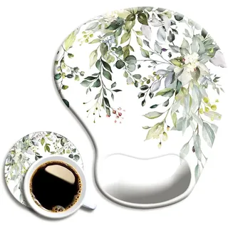 Dooke Ergonomisches Mauspad mit Handgelenkstütze und Untersetzer, Mauspads mit Rutschfester PU-Basis für Zuhause, Büro, Arbeiten, Lernen, einfaches Tippen und Schmerzlinderung, Aquarellblätter