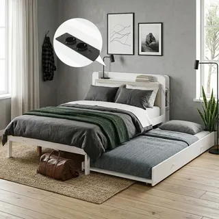 Funktionsbett 120x200 cm mit Ausziehbett 90x190 cm, gepolstertem Kopfteil, Regal, Ladestation und Stauraum, Holzbett, Gästebett, Weiß - Weiß