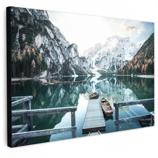 MuchoWow Leinwandbild Natur - Berge - Schnee - Wald - Boot Wanddeko 90x60 cm , Hellgrün , Textil , Kiefer , Rechteckig , 90x60 cm , FSC 100% , gerahmt , Bilder & Rahmen, Bilder, Leinwandbilder