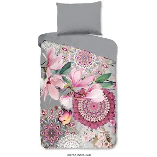 Bettwäsche , Grau, Multicolor, Rosa, Hellgrau , Textil , Blume , 140x200 cm , Oeko-Tex® Standard 100, BCI (Better Cotton Initiative) , atmungsaktiv, weiche und anschmiegsame Oberfläche , Heimtextilien, Bettwäsche & Leintücher, Bettwäsche, Biber-Bettwäsche