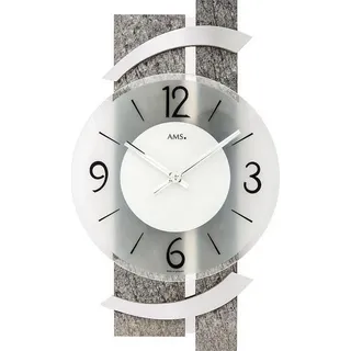 AMS 9548 Wanduhr Quarz analog modern Naturstein Optik mit Glas und Aluminium - Grau, Silber
