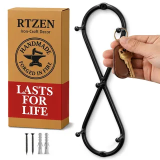 RTZEN Vertikaler Schlüsselhalter mit Unendlichkeitssymbol für die Wand, handgefertigt, dekorativ, 5 Schlüsselhaken für Zuhause, Eingangsbereich, Schmiedeeisen, Schwarz, Wandhalterung, Schlüsselhalter,