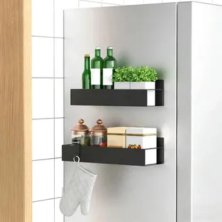 LWLWA Magnetregale für Kühlschrank, Schwarzes Küchen Wandregal, 2 Stück | Gewürzregal Ohne Bohren Mit 4 Haken, 1 Große und 1 Kleine Größe, Magnetisches Regal, für Küche, Badezimmer und Schlafzimmer