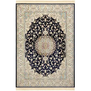 Nouristan Naveh Orient Wohnzimmerteppich Kurzflor mit Fransen Vintage Orientalischer Samt-Teppich für Esszimmer, Wohnzimmer, Schlafzimmer Creme, 135x195cm, Rayon, Dunkelblau Grün, 135x195 cm