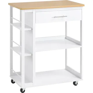 Küchenwagen - Servierwagen - 3 Schubladen - Offene Ablagen - Arbeitsplatte - Rollen mit Bremse - 73 x 88 x 38 cm - Weiß/Eiche hell - Weiß, Braun