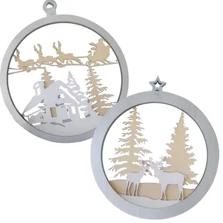 nagu® Weihnachtsdeko Innen: Set mit 2 großen Weihnachtskugeln, 20cm, 3D-Effekt, aus Holz für Fenster & Tür, doppeltes Rentier- und Weihnachtsmann-Design, nordisches Design, handgefertigt